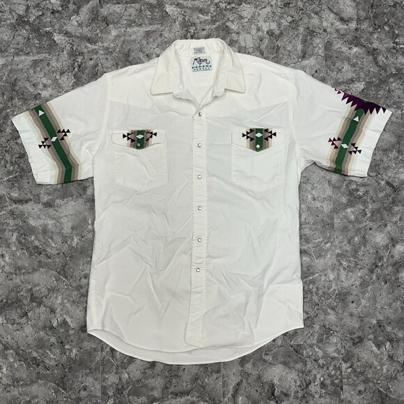 Vintage Roper Border Western Shirt Mens XL White Aztec Tribal Ranch Work Rodeo - Picture 1 of 7